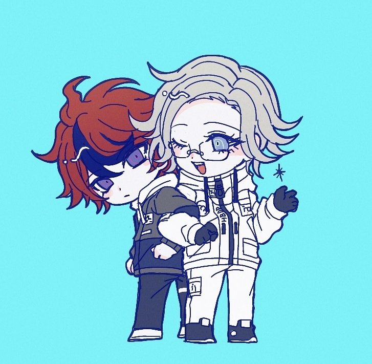 2boys, :d, aotsuki_eito, aqua_background, black_gloves, black_pants, black_shoes, blue_eyes