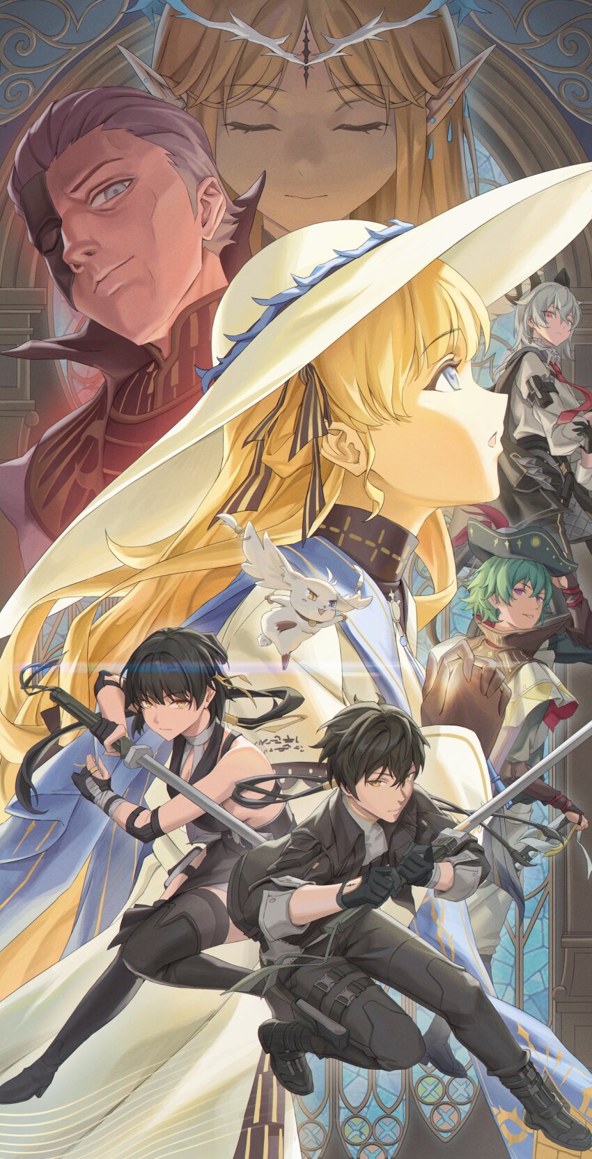 3boys, 4girls, abby_(wuthering_waves), absurdres, bare_shoulders, black_boots, black_gloves, black_hair