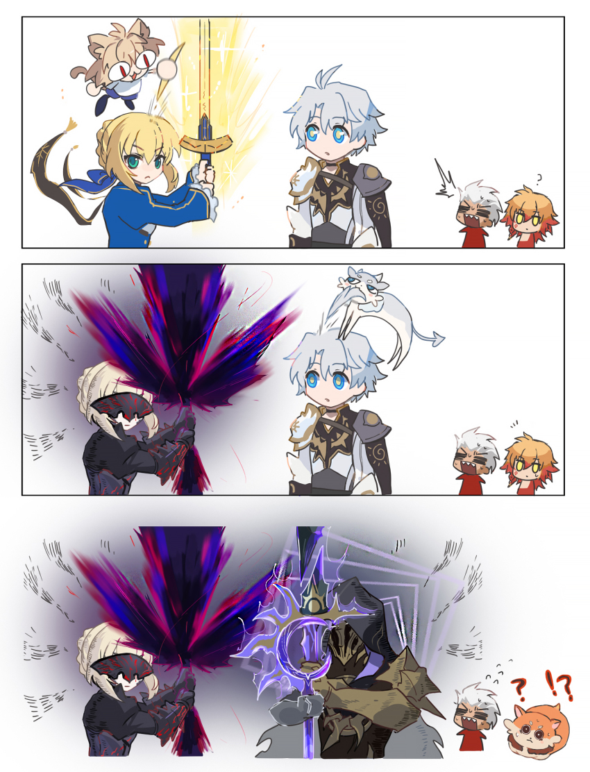 !?, 1girl, 3boys, ahoge, archer_(fate), archer_(honkai:_star_rail)_(fate), armor, artoria_pendragon_(fate), blonde_hair, blue_bow, blue_eyes, bow, cape, chimera_(honkai:_star_rail), company_connection, crossover, dark_persona, excalibur_(fate/stay_night), excalibur_morgan_(fate), eye_mask, fate/stay_night, fate/unlimited_blade_works, fate_(series), flame_reaver_of_the_deepest_dark, green_eyes, hair_bow, highres, holding, holding_sword, holding_weapon, honkai:_star_rail, honkai_(series), mask, multiple_boys, mydei_(fig_stew)_(honkai:_star_rail), mydei_(honkai:_star_rail), neco-arc, official_alternate_costume, phainon_(honkai:_star_rail), phainon_(vigethos)_(honkai:_star_rail), qel, saber_(fate), saber_(honkai:_star_rail)_(fate), saber_alter, shoulder_armor, sickle, sword, tsukihime, type-moon, weapon, white_hair