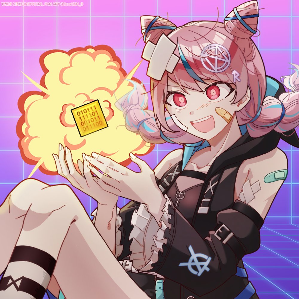 1girl, :d, bandages, bandaid, bandaid_on_face, bandaid_on_shoulder, bare_shoulders, black_sleeves