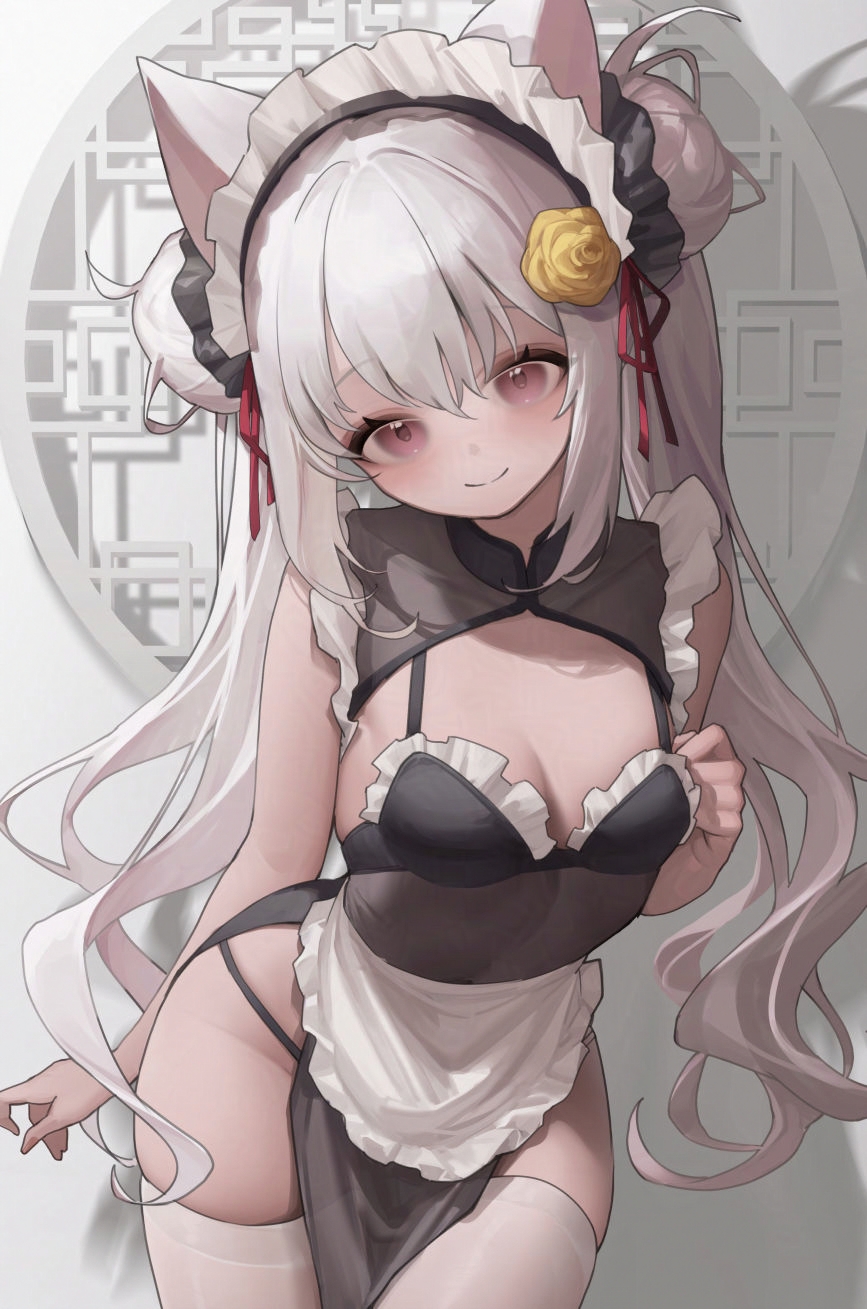 1girl, adversarial_noise, animal_ears, bare_shoulders, black_collar, breasts, brown_eyes, cleavage