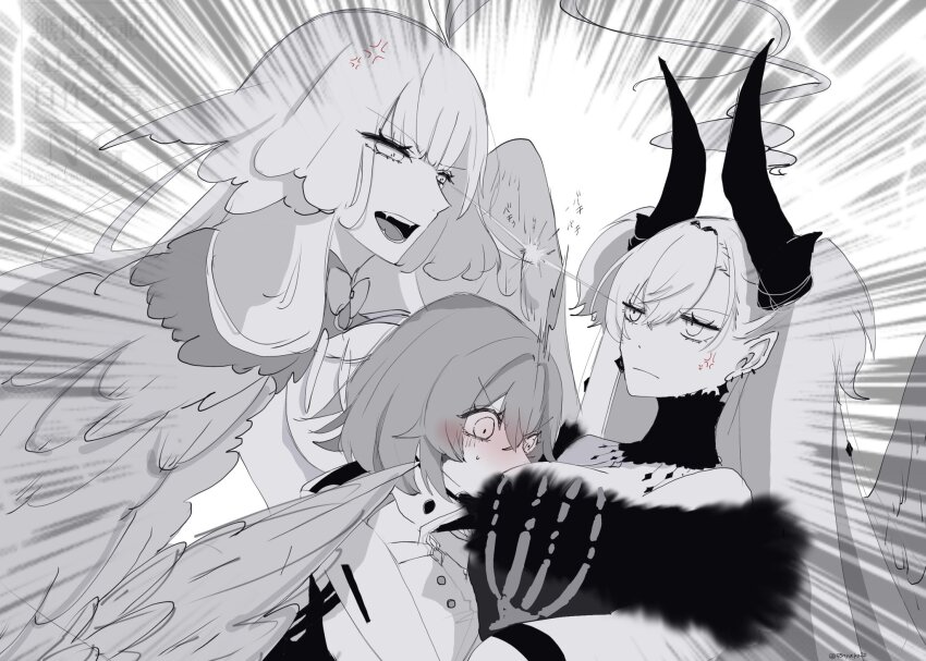 3girls, 55nyako20, anger_vein, annoyed, blush, breasts, cleavage, demon_girl, demon_horns, demon_wings, fate/grand_order, fate_(series), fujimaru_ritsuka_(female), greyscale, highres, horns, large_breasts, lilith_(fate), lilith_(third_ascension)_(fate), long_hair, looking_at_another, louhi_(fate), louhi_(third_ascension)_(fate), monochrome, multiple_girls, pointy_ears, wings, yuri