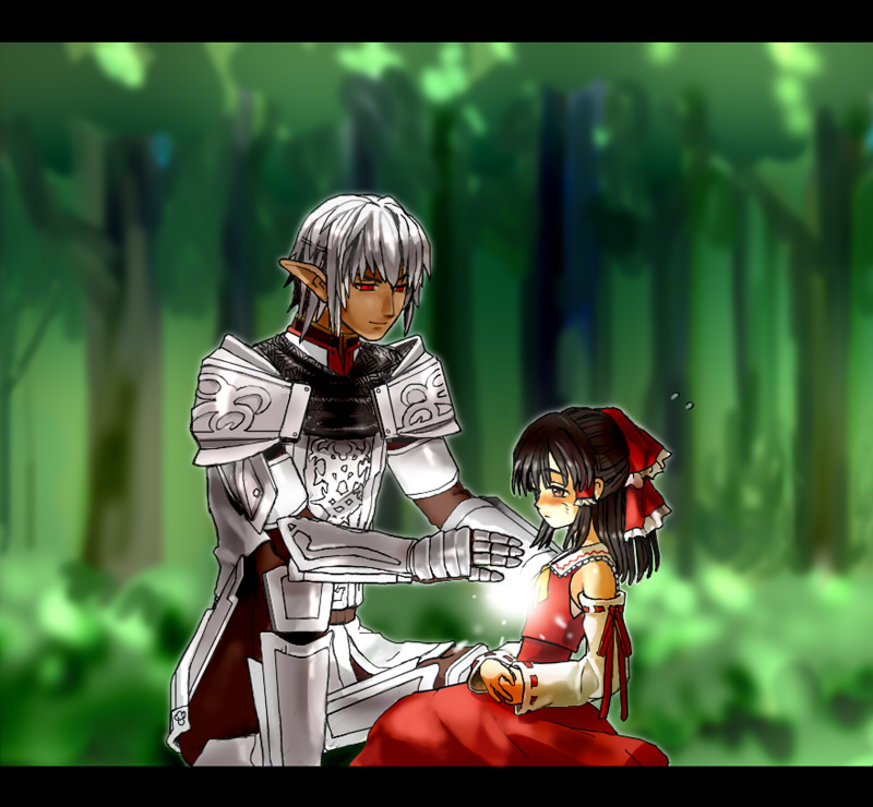 1boy, 1girl, armor, ascot, black_hair, bow, buront, commentary_request