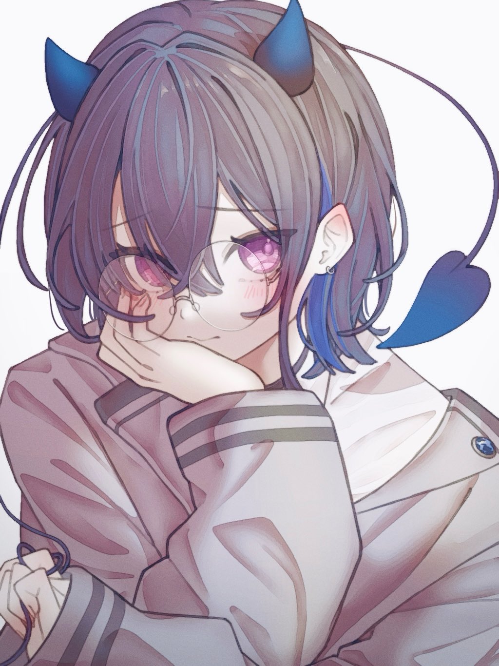 1girl, blazer, blue_hair, blush, closed_mouth, demon_girl, demon_horns, demon_tail, earrings, frown, glasses, grey_hair, grey_jacket, highres, hoop_earrings, horns, ichinose_uruha, ichinose_uruha_(6th_costume), jacket, jewelry, long_sleeves, looking_at_viewer, multicolored_hair, ojichaman_94, purple_eyes, round_eyewear, shirt, short_hair, shy, simple_background, sleeves_past_wrists, solo, streaked_hair, tail, two-tone_hair, upper_body, virtual_youtuber, vspo!, white_background, white_shirt