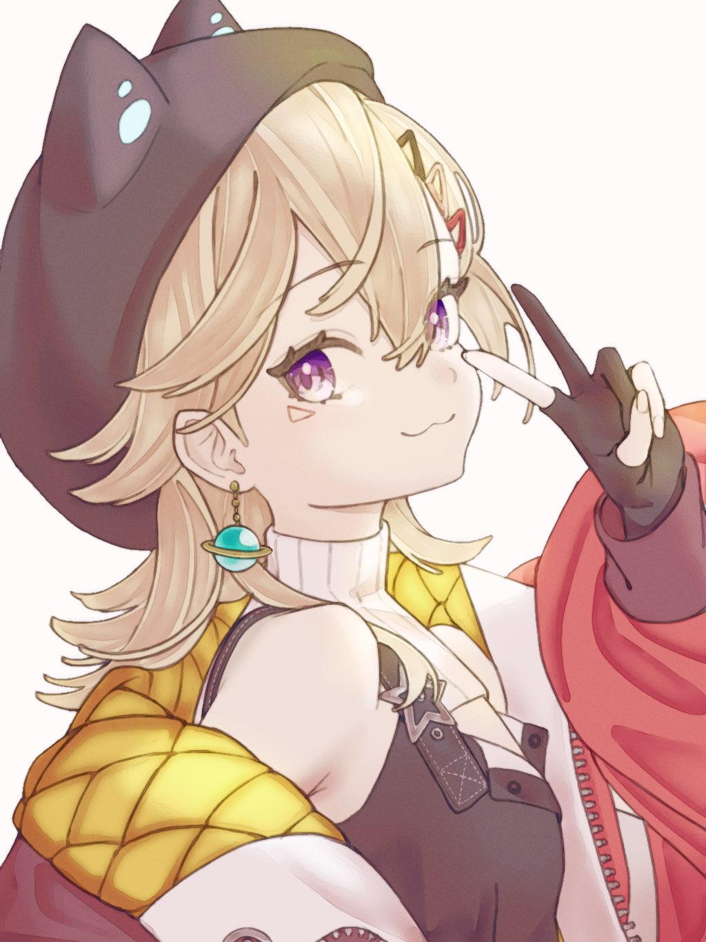 1girl, :3, beanie, black_gloves, blonde_hair, earrings, gloves, hair_between_eyes, hair_ornament, hairclip, hand_up, hat, highres, jacket, jewelry, komori_met, komori_met_(5th_costume), looking_at_viewer, off_shoulder, ojichaman_94, partially_fingerless_gloves, planet_earrings, purple_eyes, short_hair, simple_background, sleeveless, smile, solo, upper_body, v, virtual_youtuber, vspo!, white_background