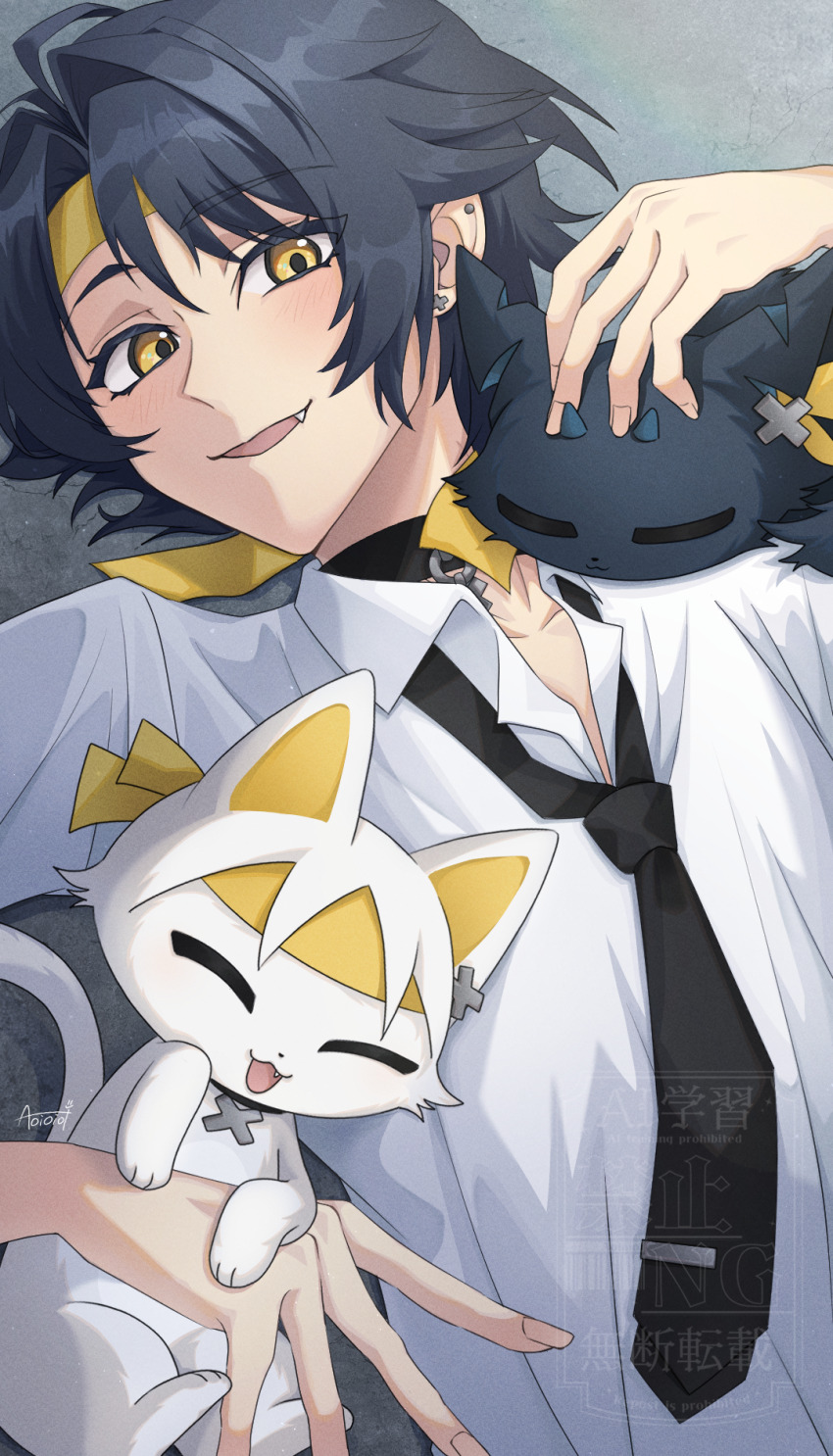 1boy, animal_ears, aoioioi_ooo, asaba_harumasa, asaba_harumasa_(cat), bandana, black_choker, black_hair