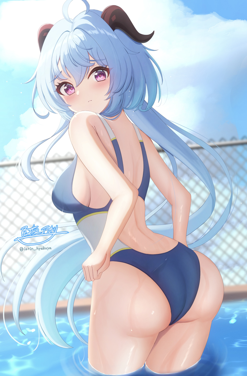 1girl, absurdres, alternate_costume, blue_hair, blue_one-piece_swimsuit, blush, breasts, chain-link_fence