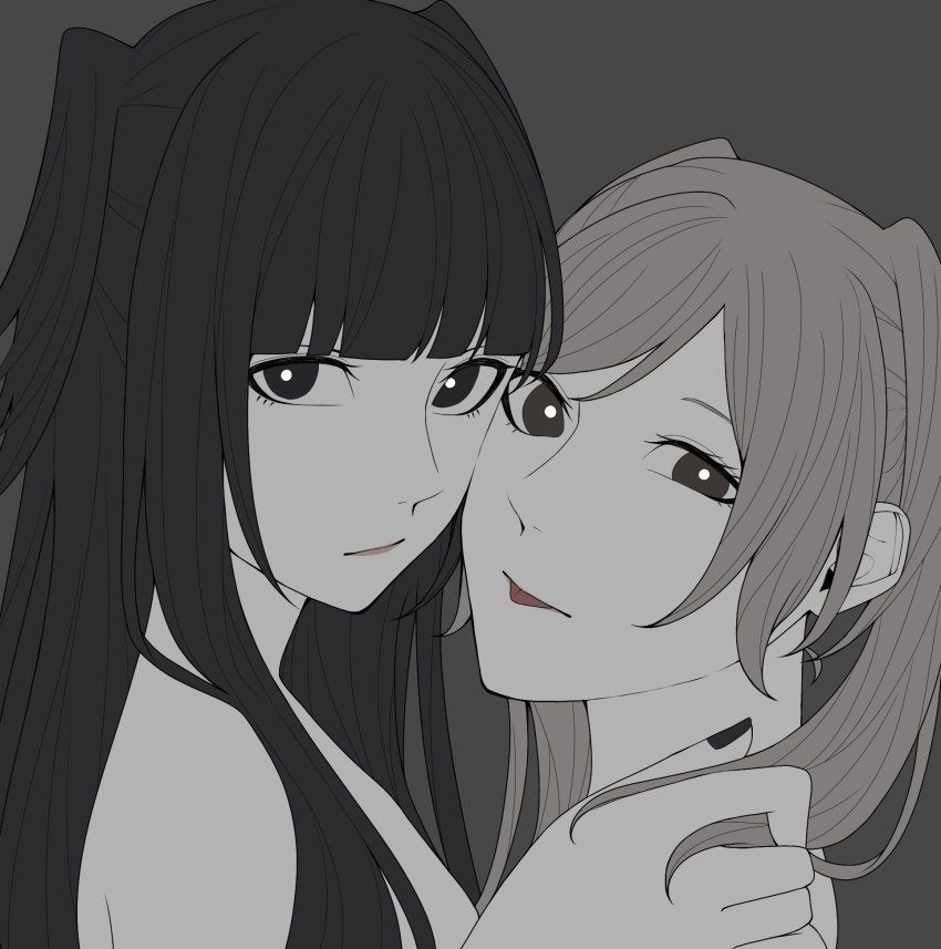 2girls, ao_saryaruhu, bare_arms, bare_shoulders, black_eyes, black_hair, black_nails, breasts