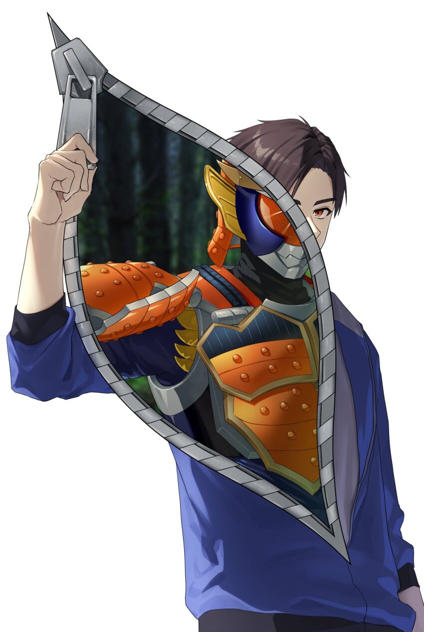 armor, belt, brown_hair, highres, kamen_rider, kamen_rider_gaim, kamen_rider_gaim_(series), kazuraba_kouta