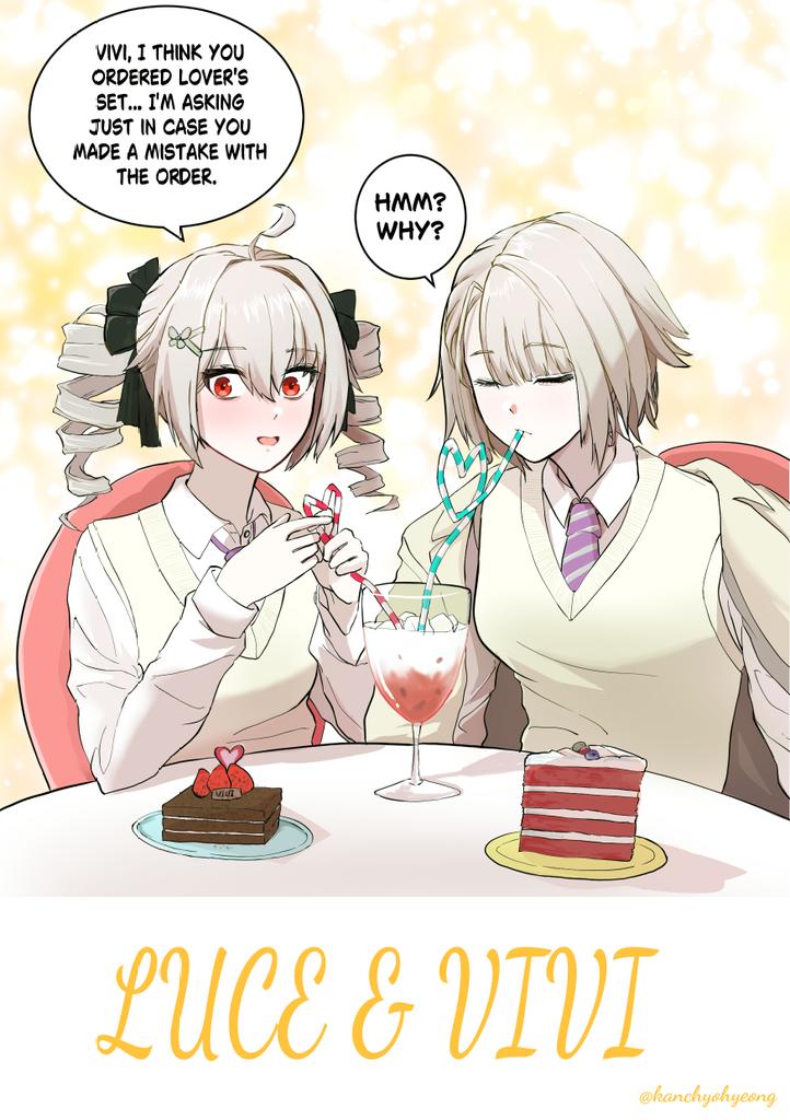 2girls, artist_name, black_ribbon, blush, brown_hair, cake, cake_slice, cardigan