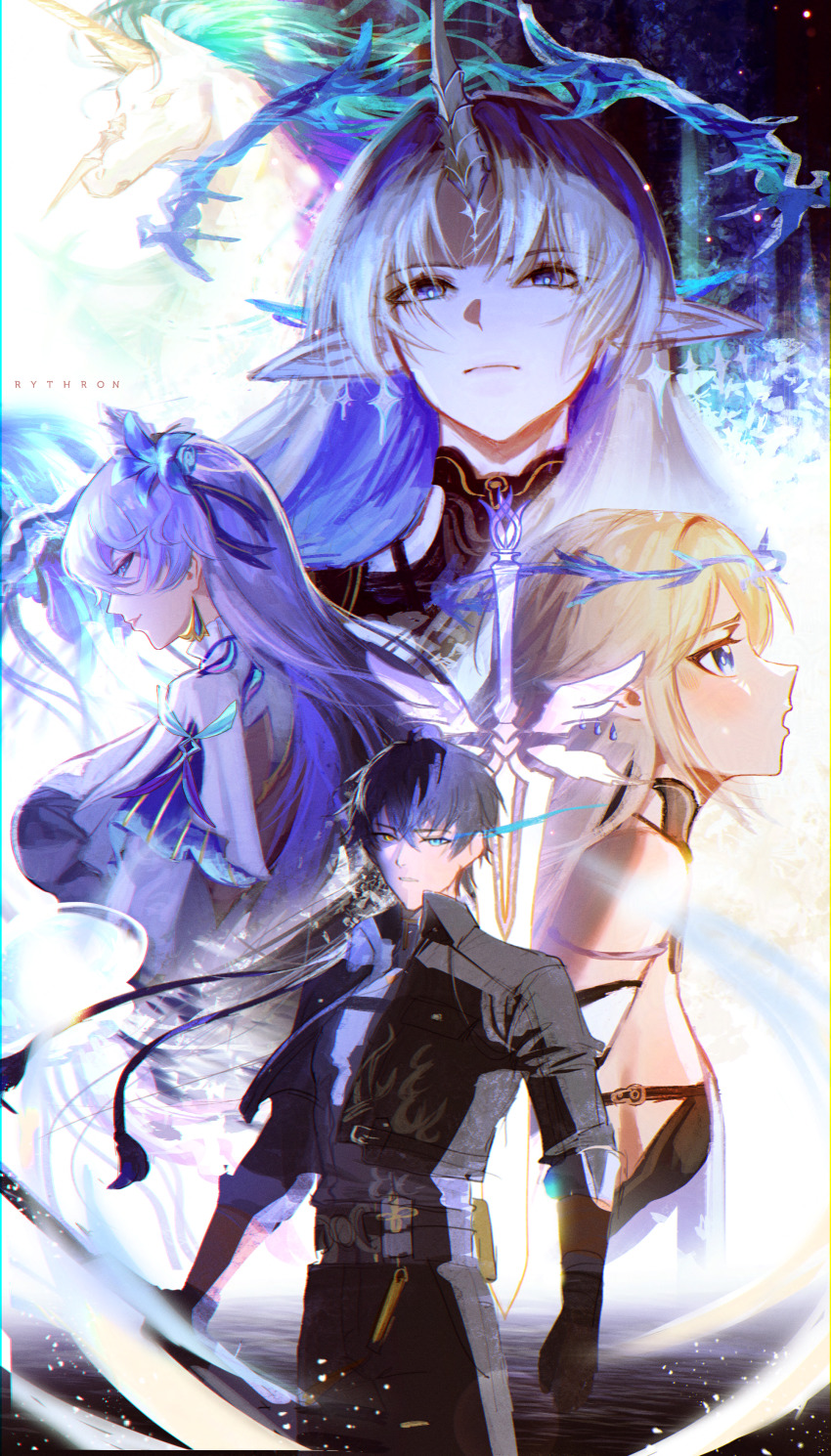 1boy, 3girls, absurdres, aqua_eyes, artist_name, bare_shoulders, black_hair, black_jacket