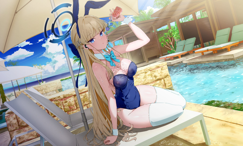 1girl, absurdres, animal_ears, aqua_bow, aqua_bowtie, artist_name, bare_shoulders, beach