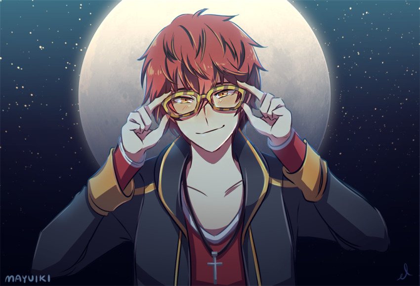 1boy, 707_(susanghan_messenger), adjusting_eyewear, blush, closed_mouth, collarbone, cross, cross_necklace