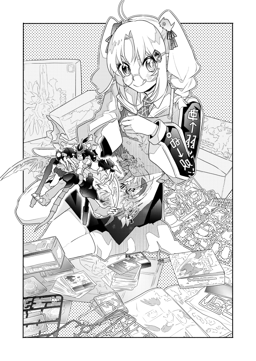 absurdres, apron, digimon, digimon_card_game, digimon_recollection, glasses, greyscale, halftone, highres, kneeling, looking_at_viewer, millenniumon, model_kit, monochrome, nozomi_riko, omegamon, ookutsuwa_waga, paildramon, round_eyewear, shinegreymon, tongue, tongue_out, trading_card, twintails