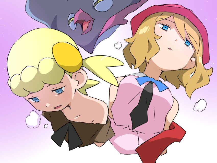 2girls, bare_shoulders, blonde_hair, blue_eyes, blue_ribbon, bonnie_(pokemon), brown_shirt, collarbone