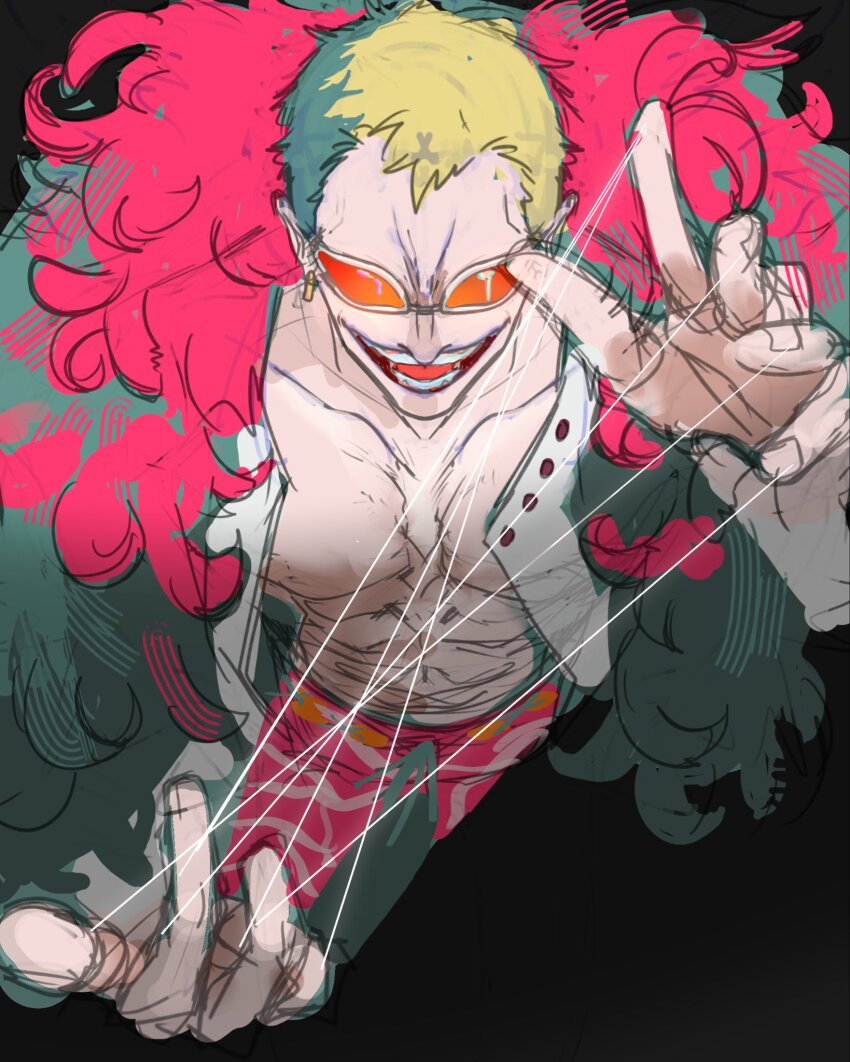 1boy, abs, blonde_hair, coat, devil_fruit_power, donquixote_doflamingo, evil_smile, feather_coat