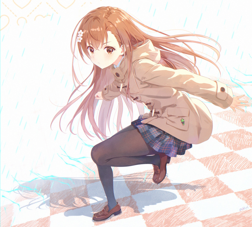 1girl, black_pantyhose, brown_eyes, coat, collared_shirt, eritri, flower, hair_flower