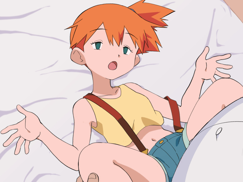 1boy, 1girl, :o, absurdres, backpack, bag, bed_sheet, collarbone