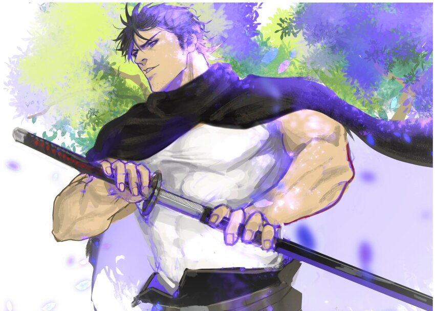 1boy, aged_down, black_clover, black_hair, cowboy_shot, facial_hair, highres, holding