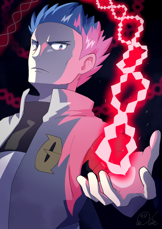 1boy, black_background, black_shirt, blue_eyes, blue_hair, closed_mouth, commentary_request, cyrus_(pokemon), frown, grey_vest, logo, looking_down, male_focus, nintendo, oooise, pokemon, pokemon_diamond/pearl/platinum, red_chain_(pokemon), shirt, short_hair, signature, solo, spiked_hair, team_galactic, upper_body, vest