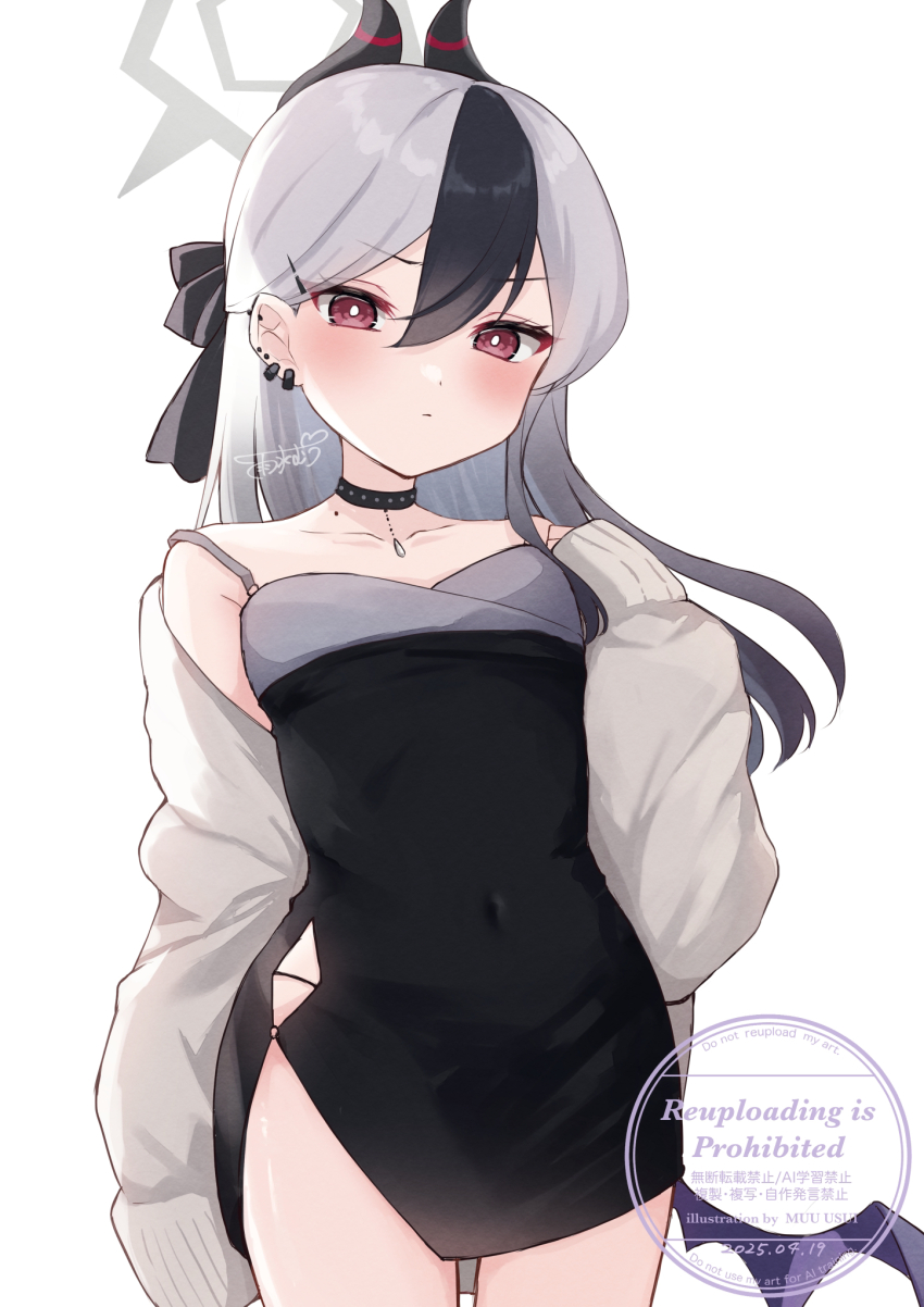 1girl, black_choker, black_dress, black_hair, black_horns, blue_archive, blush, choker