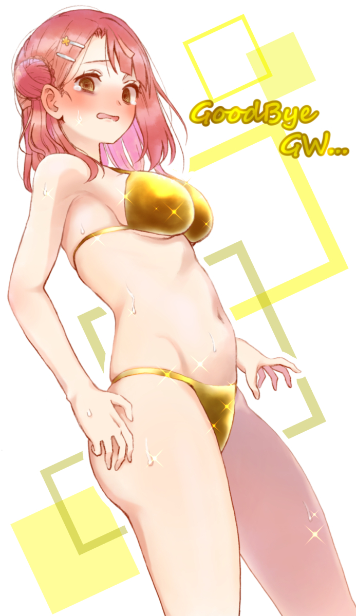 1girl, bare_shoulders, bikini, blunt_bangs, blush, breasts, gold_bikini, hair_bun, hair_ornament, hairclip, highres, looking_at_viewer, love_live!, love_live!_nijigasaki_high_school_idol_club, medium_hair, navel, nori_shio_(ususiosaikou), open_mouth, pink_hair, single_side_bun, solo, swimsuit, tears, uehara_ayumu, yellow_eyes