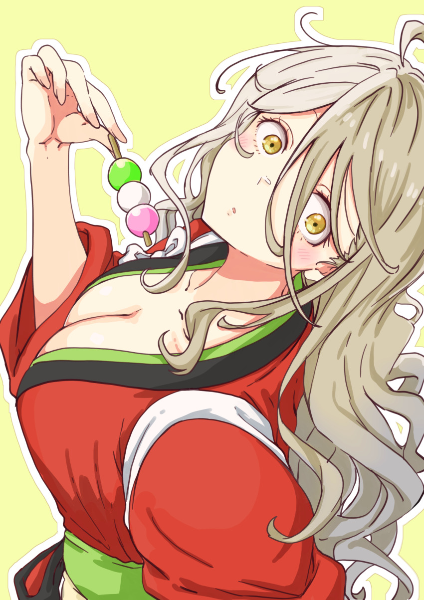 1girl, :o, arched_back, blonde_hair, breasts, cleavage, collarbone, commentary