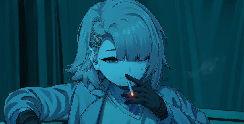 1girl, adachi_t_(xadachit), black_gloves, cigarette, commentary, diagonal-striped_clothes, diagonal-striped_necktie, english_commentary, girls'_frontline, girls'_frontline_2:_exilium, gloves, hair_ornament, hairpin, jacket, joji_miller, medium_hair, multiple_hairpins, necktie, official_alternate_costume, open_clothes, open_jacket, parody, sitting, smoking, solo, striped_clothes, vector_(girls'_frontline), vector_(girls'_frontline_2), vector_(vivi_sometimes_hides_her_molotovs)_(girls'_frontline_2), vest, x_hair_ornament