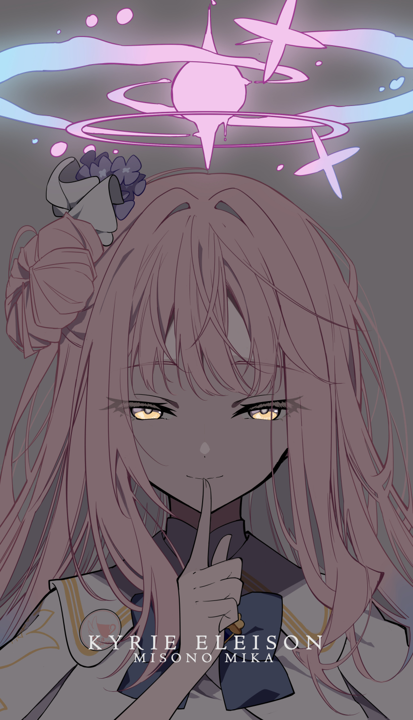 1girl, absurdres, blue_archive, character_name, finger_to_mouth, flat_color, hair_bun, halo