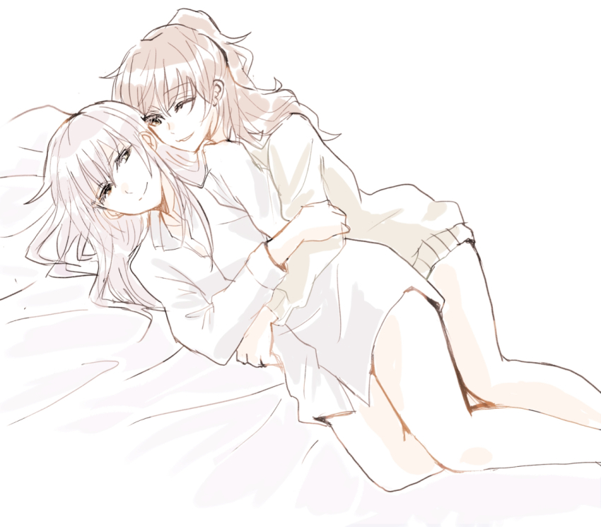 2girls, ayutarochan, bang_dream!, bang_dream!_girls_band_party!, bed_sheet, brown_hair, grey_hair, hug