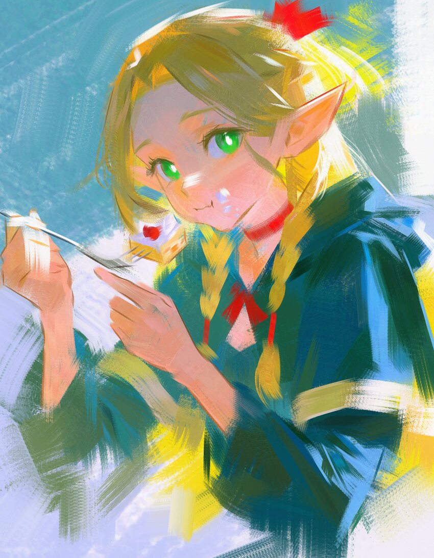 1girl, absurdres, blonde_hair, blue_capelet, blue_robe, braid, brush_stroke, cake