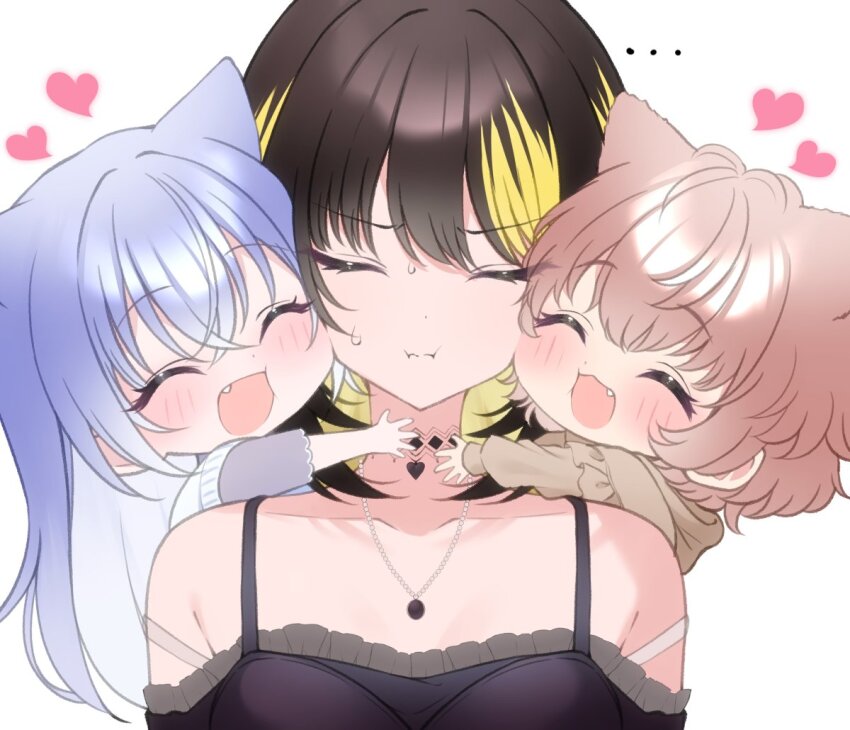 ..., 3girls, :t, ^_^, animal_ears, black_hair, black_shirt, blonde_hair