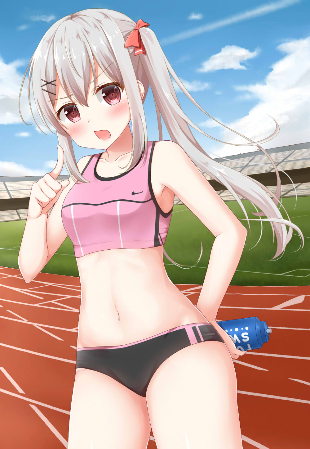 1girl, blue_sky, highres, nike_(company), side_ponytail, sky, stadium, track_and_field