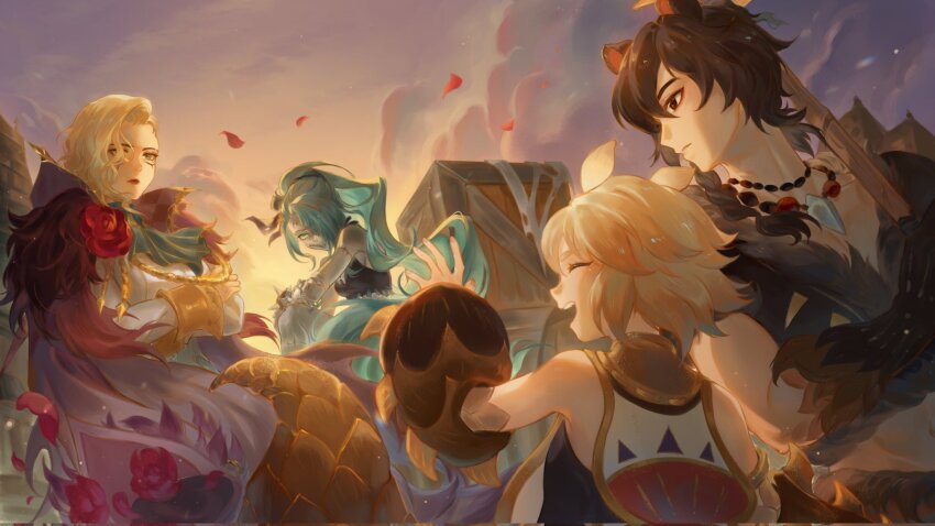 1boy, 3girls, ^_^, afk_(series), afk_journey, aiguillette, alsa_(afk), animal_ears