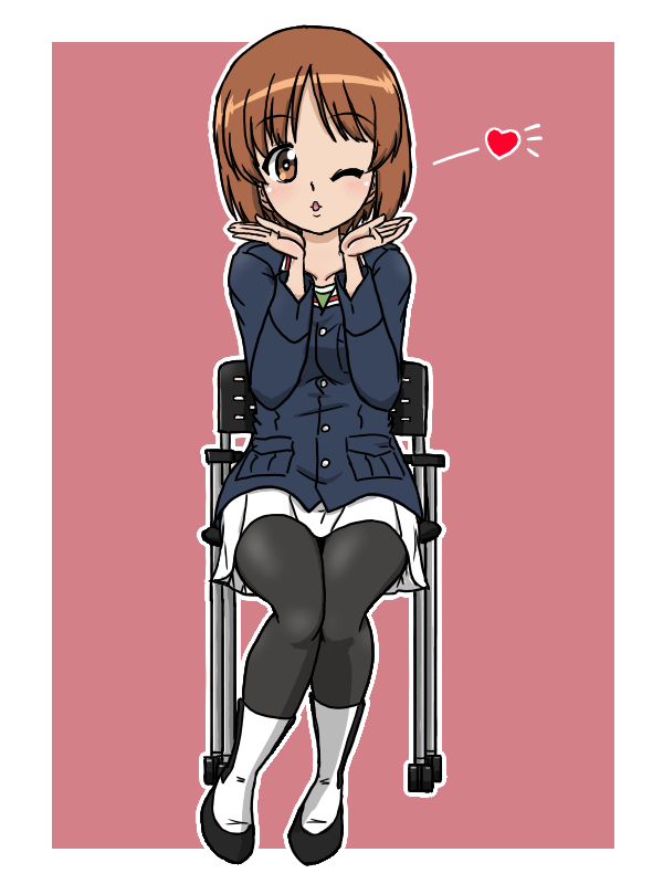 1girl, adapted_costume, black_pantyhose, blowing_kiss, blue_jacket, boots, brown_eyes, brown_hair