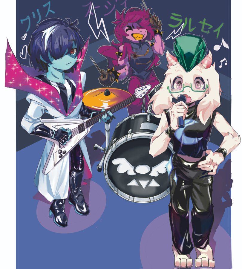 black_hair, blue_skin, colored_skin, colored_teeth, deltarune, drum, drum_set, drumsticks