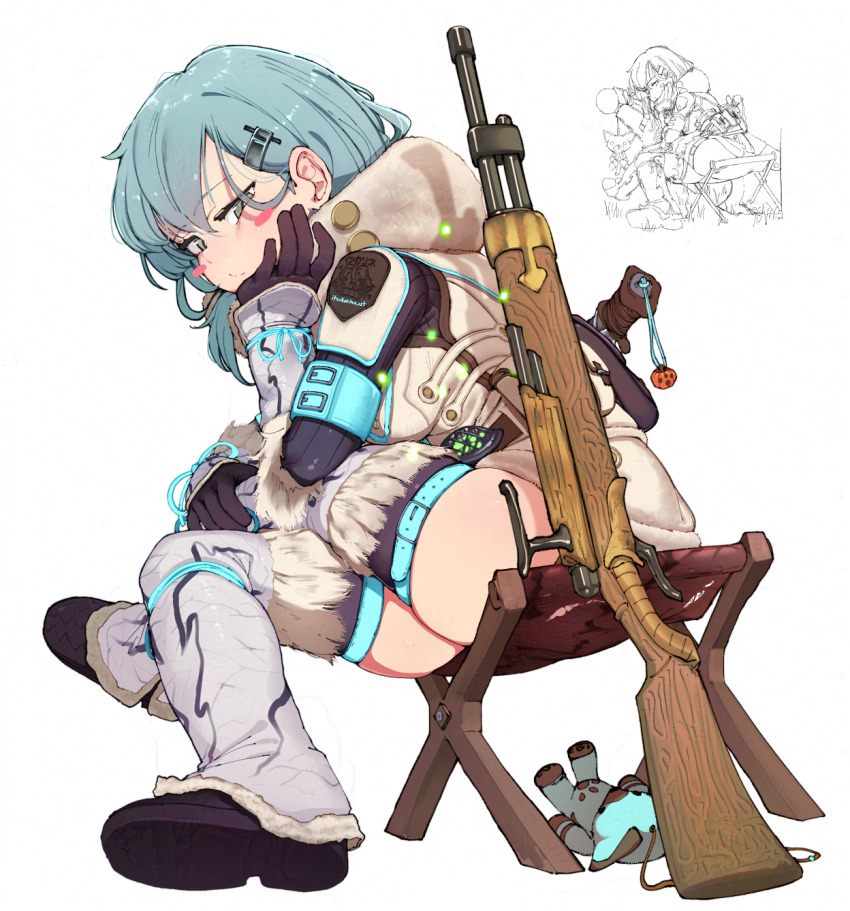 1girl, aqua_hair, blush_stickers, boots, bowgun, cosplay, crossed_legs, fur_trim