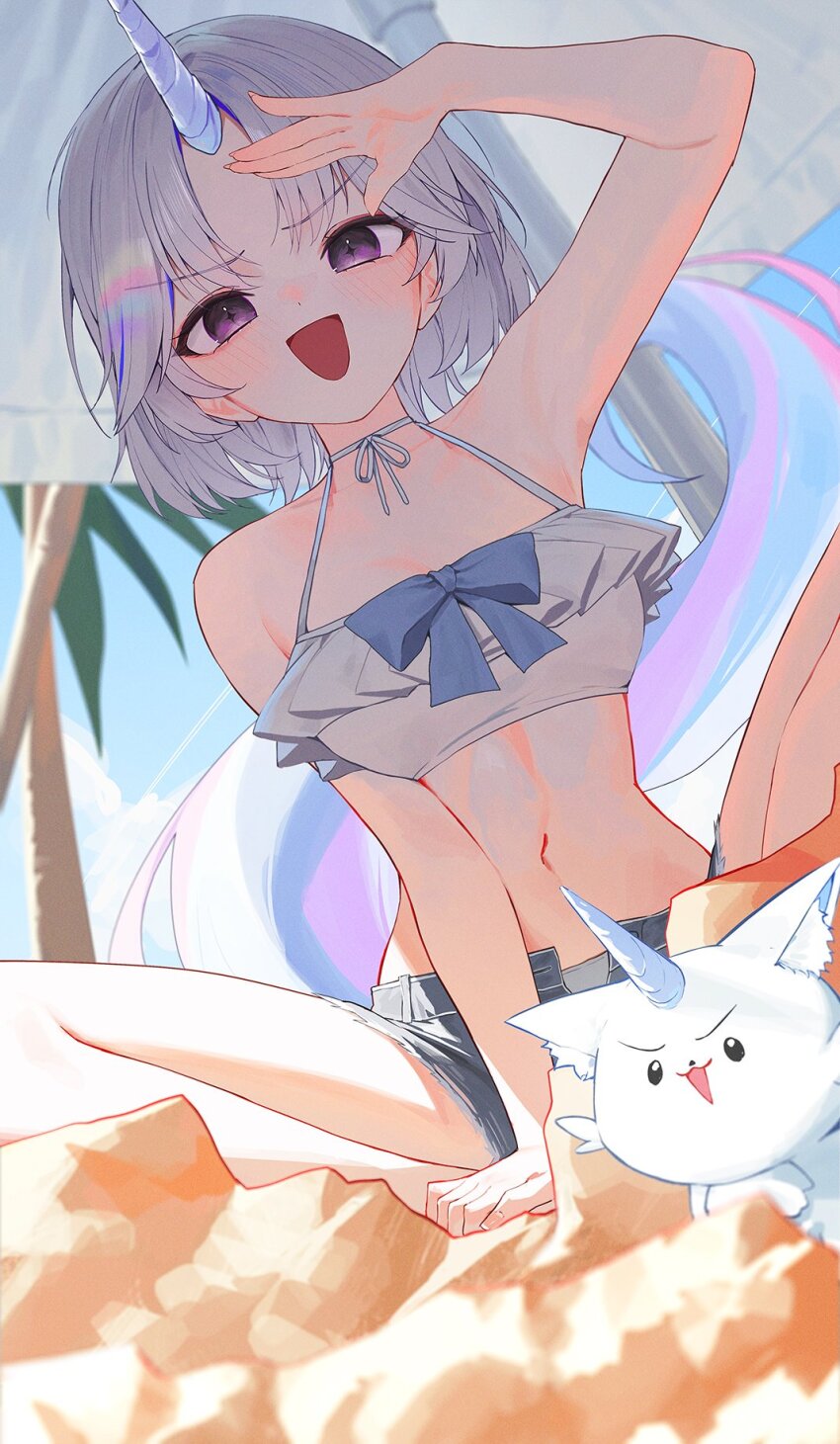 1girl, arm_up, armpits, arnyang_(ayatsuno_yuni), ayatsuno_yuni, bare_shoulders, bikini, bikini_top_only