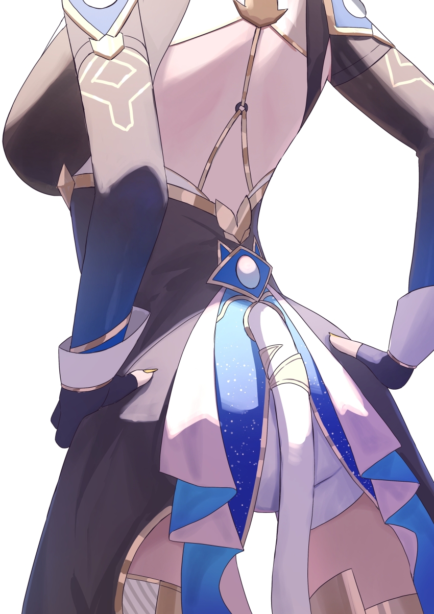 1girl, absurdres, anima_miko, back, back_focus, backless_outfit, breasts, cat_tail, cipher_(honkai:_star_rail), close-up, fingernails, head_out_of_frame, highres, honkai:_star_rail, honkai_(series), sideboob, simple_background, solo, tail, white_background, white_tailcoat, yellow_nails