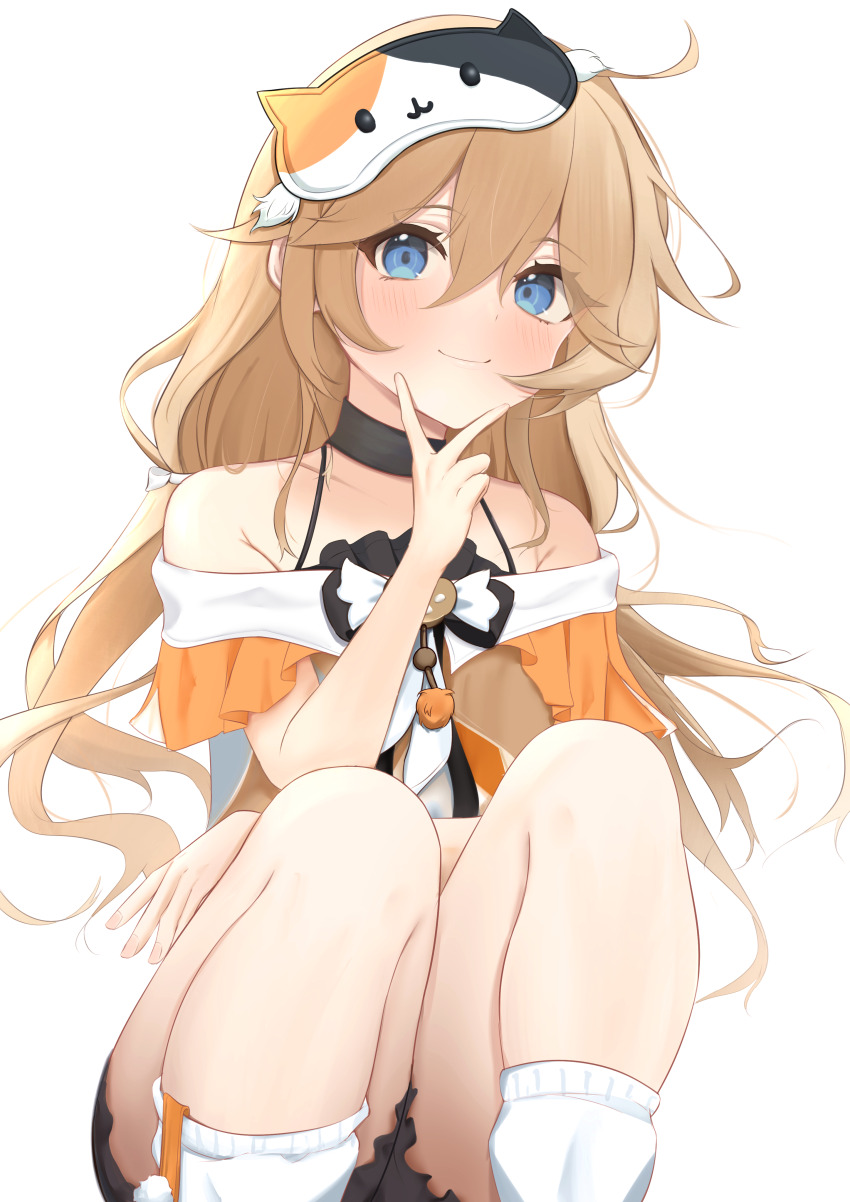 1girl, absurdres, bare_shoulders, black_choker, black_shorts, blonde_hair, blue_eyes, blush