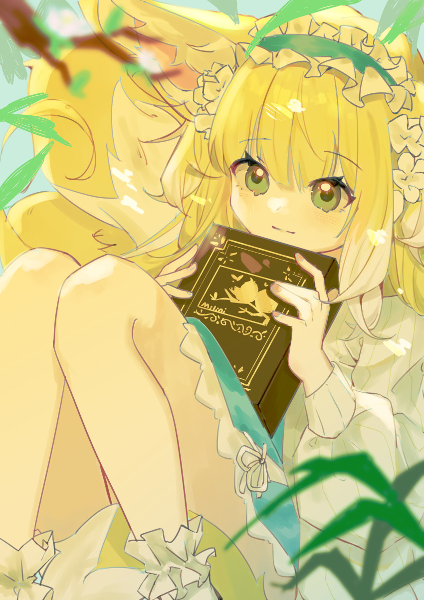 absurdres, animal_ears, arknights, blonde_hair, book, chinese_commentary, closed_mouth, commentary_request