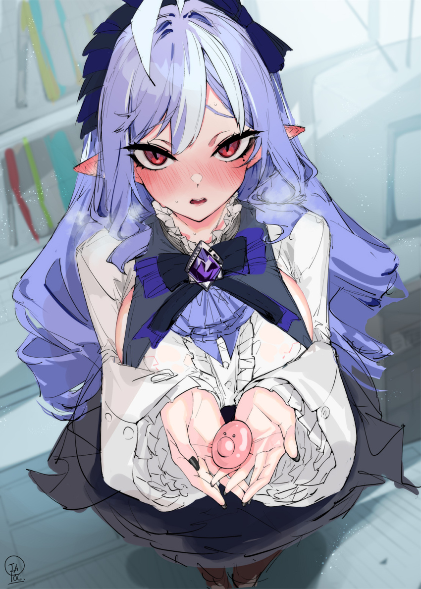 1girl, ahoge, black_skirt, blush, breasts, commentary_request, highres, holding