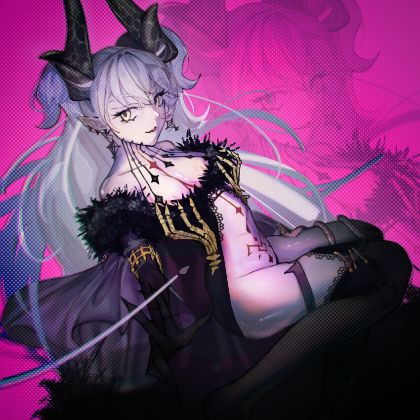 1girl, bare_shoulders, black_cloak, black_hands, body_markings, breasts, cloak, collarbone