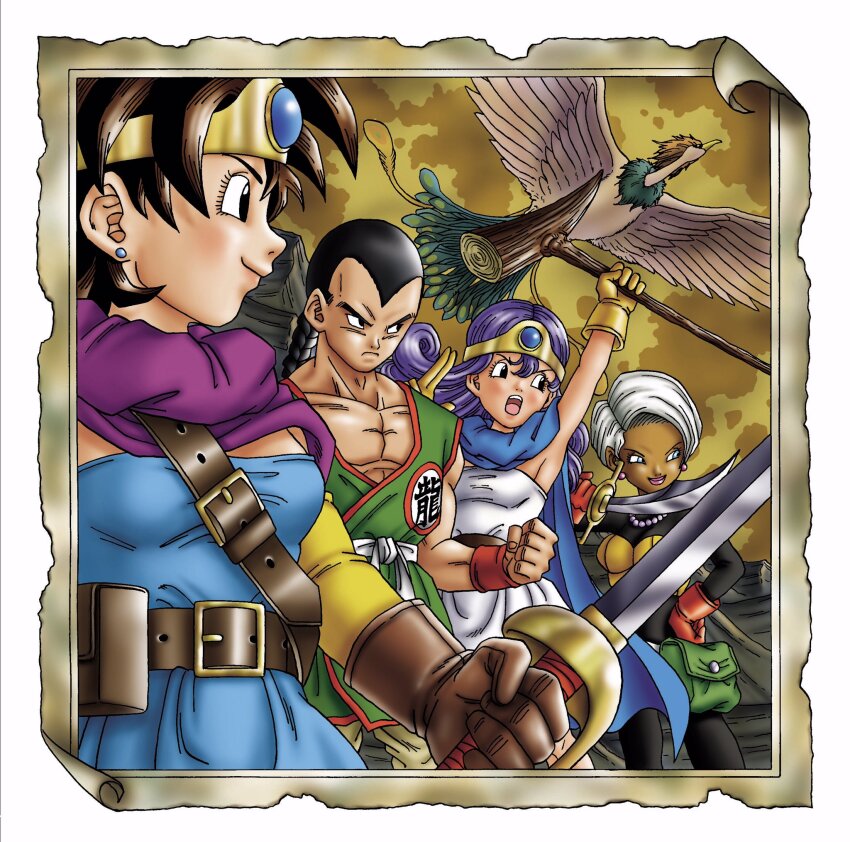 1boy, 1other, 3girls, arm_up, bag, bead_necklace, beads, belt