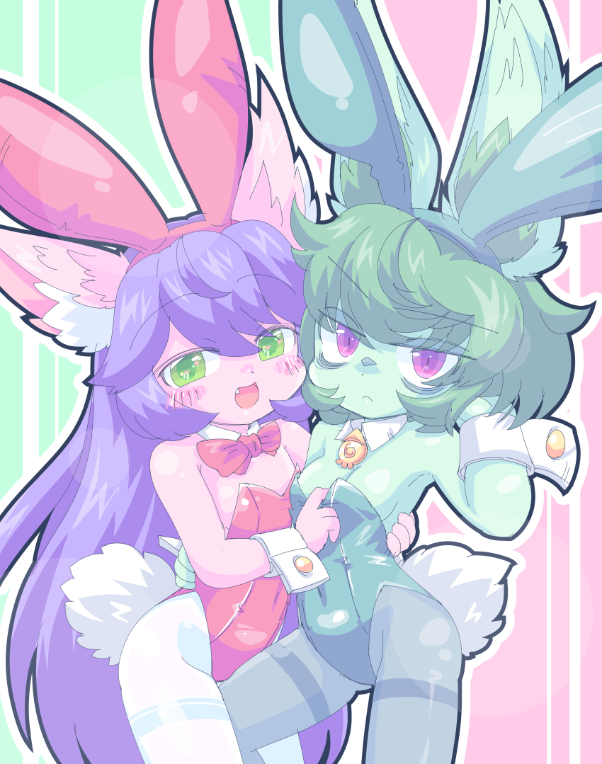 2girls, absurdres, alternate_costume, animal_ears, annoyed, arm_around_another's_waist, asymmetrical_docking, bags_under_eyes