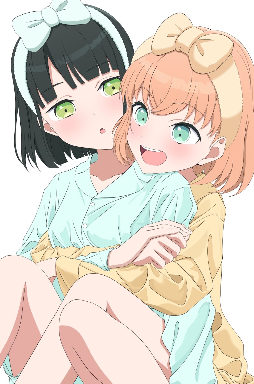 2girls, :d, :o, absurdres, aqua_eyes, black_hair, blue_hairband, blue_shirt