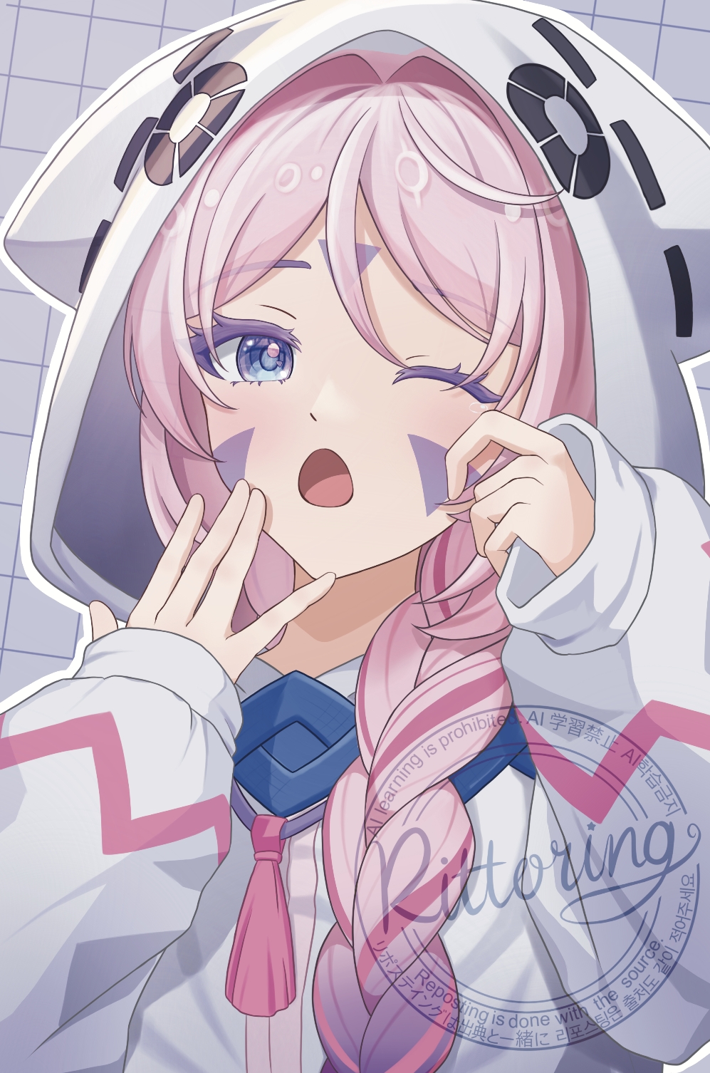 1girl, adversarial_noise, alternate_costume, arms_up, blue_eyes, braid, citlali_(genshin_impact), commentary