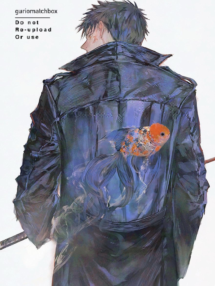 1boy, black_coat, black_hair, coat, fish, from_behind, goldfish, guri_otoko