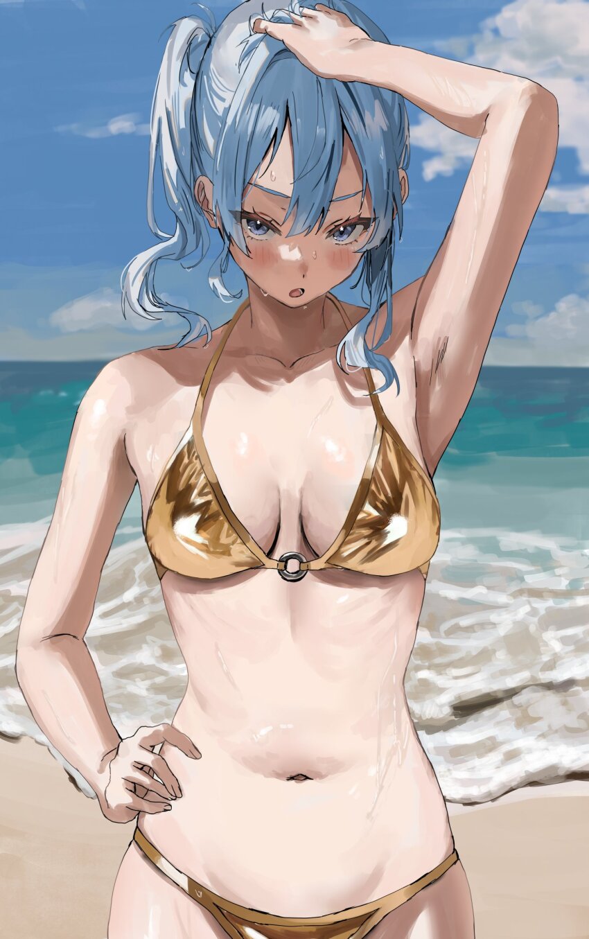 1girl, :o, alternate_breast_size, arm_up, armpits, beach, bikini, blue_eyes, blue_hair, blue_sky, blush, breasts, cloud, cloudy_sky, collarbone, double-parted_bangs, gold_bikini, golden_week, hair_between_eyes, hand_on_own_head, hand_on_own_hip, highres, hololive, hoshimachi_suisei, long_hair, looking_at_viewer, medium_breasts, navel, nekoshima_kaede, open_mouth, outdoors, side_ponytail, sky, solo, star_(symbol), star_in_eye, stomach, swimsuit, symbol_in_eye, virtual_youtuber, water, wet