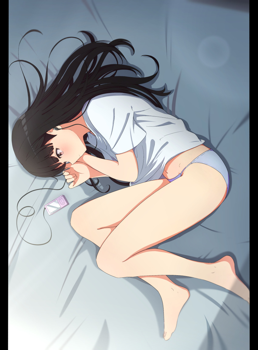 1girl, absurdres, amagami, ayatsuji_tsukasa, barefoot, bed_sheet, black_eyes, black_hair, blue_panties, blue_shirt, closed_mouth, commentary, mp3_player, earphones, feet, highres, in-ear_earphones, kagari_ds, legs, lens_flare, long_hair, lying, navel, on_back, panties, shirt, solo, t-shirt, thighs, underwear, underwear_only